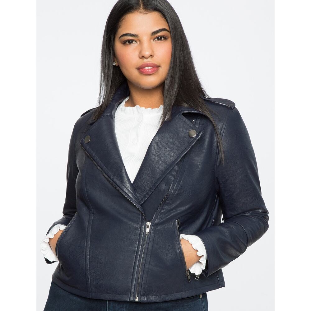 ELOQUII NWT Moto Jacket Navy Blue Faux Leather Sz 26/28 MSRP $150